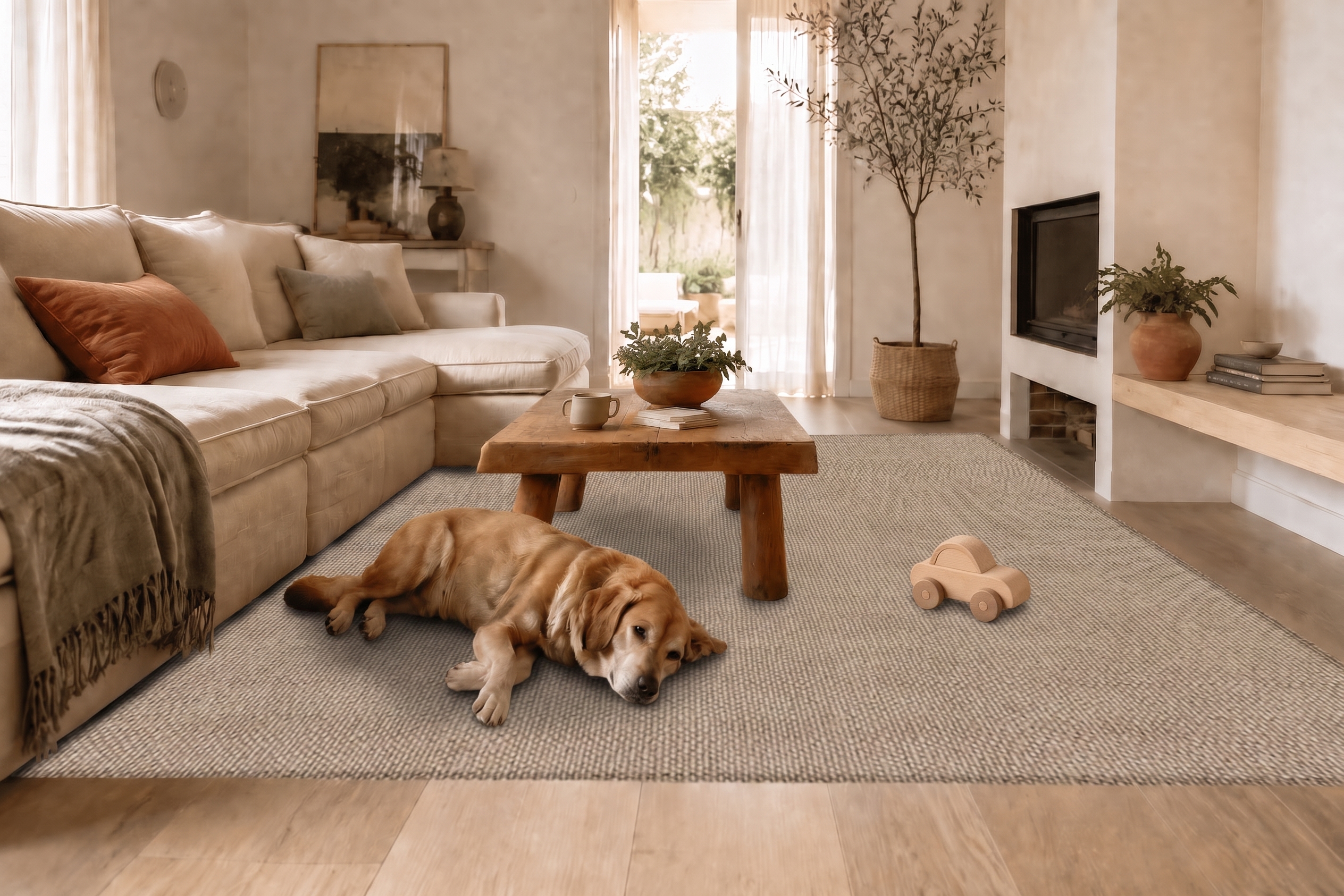 Salón vivido con perro, juguete y una alfombra Ana Durán